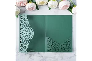 ponatia 20PCS Emerald Green Laser Cut Wedding Invitations Pockets, Tri-fold 5x7 Laser Cut Invitation Pockets for Wedding Bridal Shower Quinceanera 15 Anos Invite (No Envelopes & Inner Sheets)