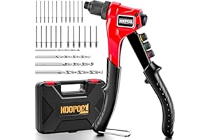KOOPOOL Rivet Gun Kit, Adjustable Stroke Design Manual Pop Rivet Tool with 200 Rivets and 4 Drill Bits, 4 Tool-Free Rivet Heads, Heavy-Duty Hand Riveter with Sturdy Case for Metal, Plastic, Leather