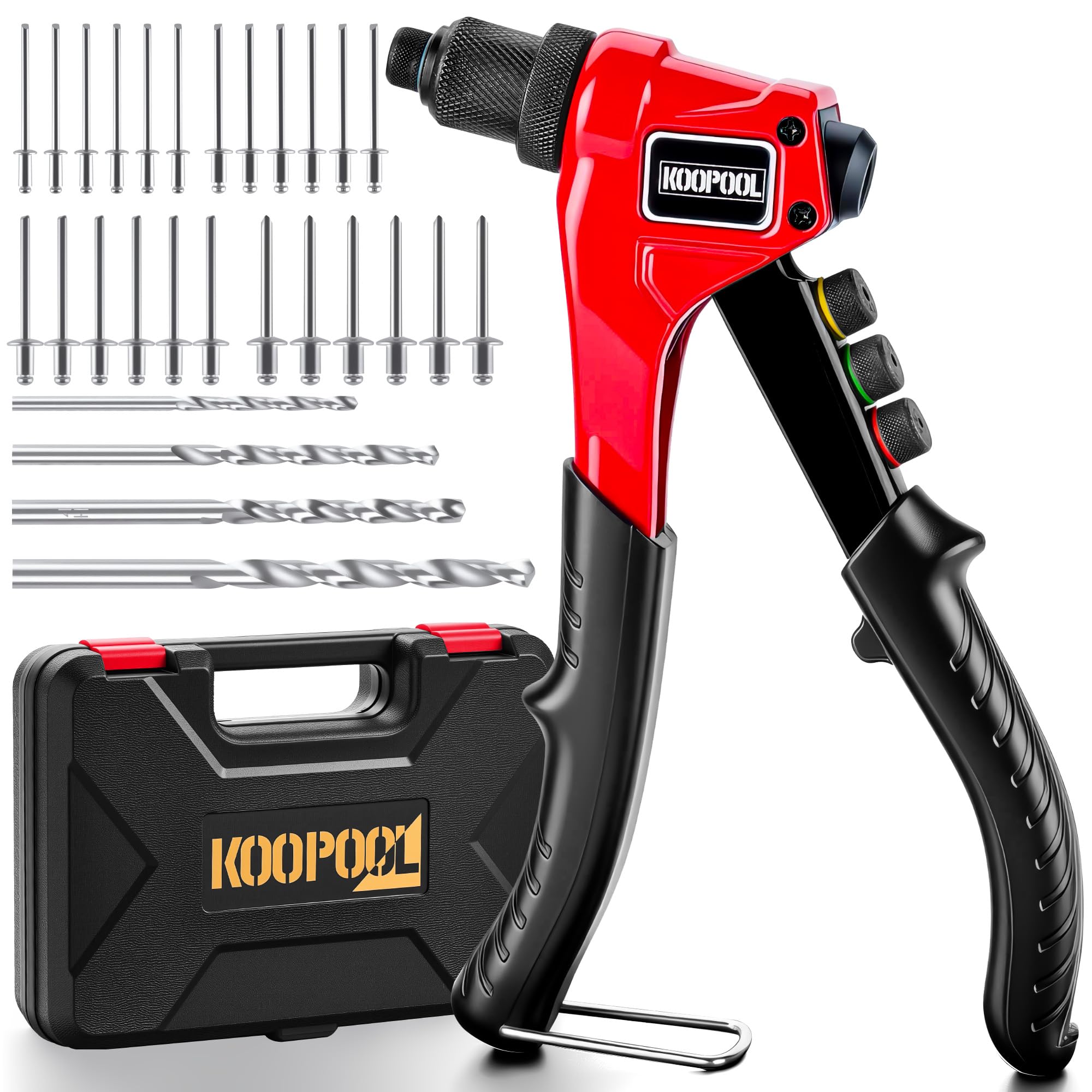 Photo 1 of KOOPOOL Rivet Gun Kit, Manual Pop Rivet Tool with 200 Rivets and 4 Drill Bits, 4 Tool-Free Interchangeable Rivet Heads, Heavy-Duty Hand Riveter with Sturdy Case for Metal, Plastic, Leather