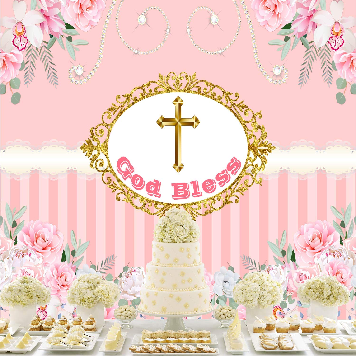 First Communion Backdrop Girl Baptism Pink Christening Amazon Co