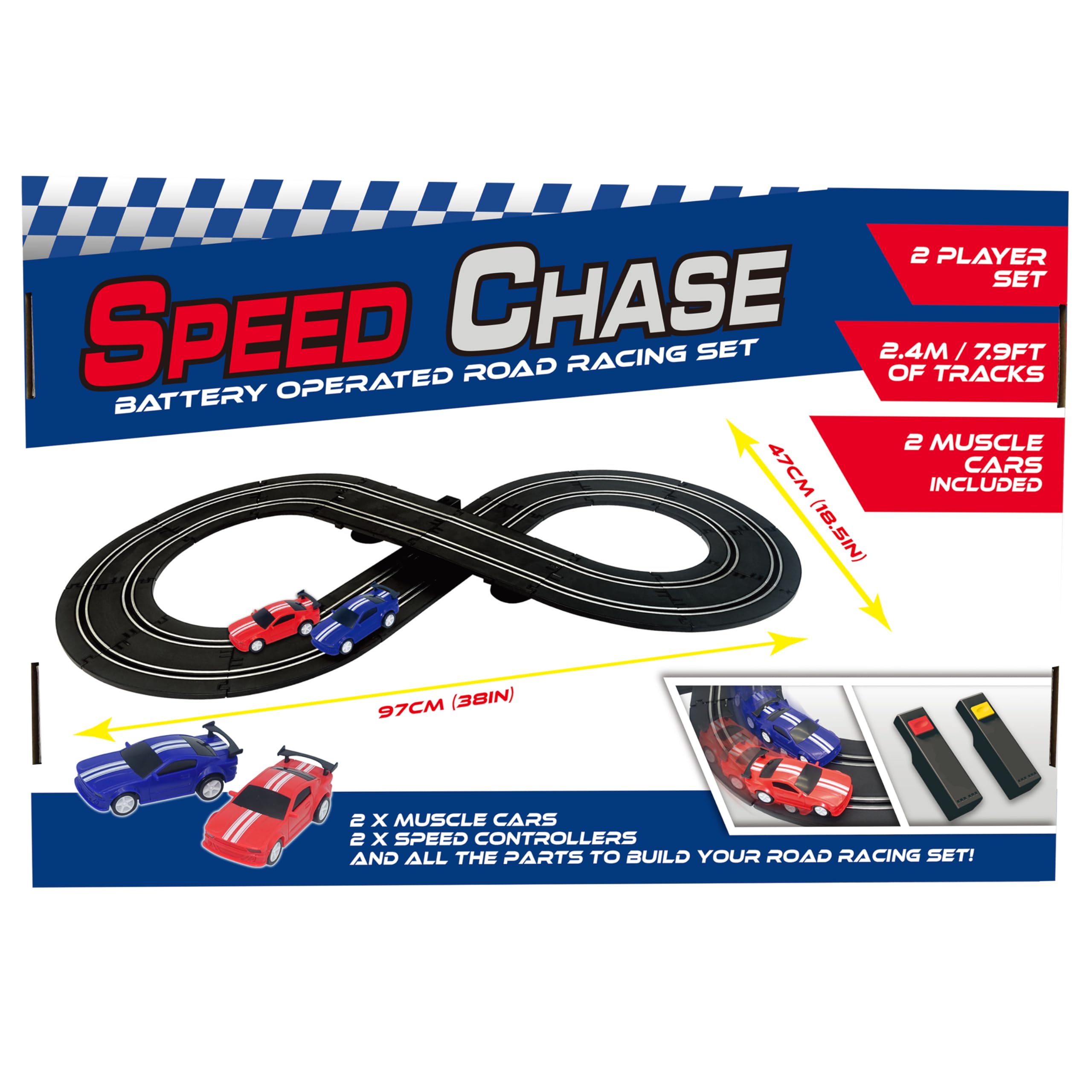 BANDAI Artin Speed Chase Slot Car Racing Set | 2.4m 2 Player Electric Race Car Track With 2 Muscle Cars And Speed Controls | Adults And Kids Electric Car Racing Toys Make Great Remote Control Gifts
