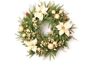 AMERZEST Pre-lit Christmas Wreath with Pine Cones Gold Balls,Gold Berries and Gold Flowers,24 Inch 50 Battery Operated LED Lights,Holiday Decoration for Front Door Outdoor