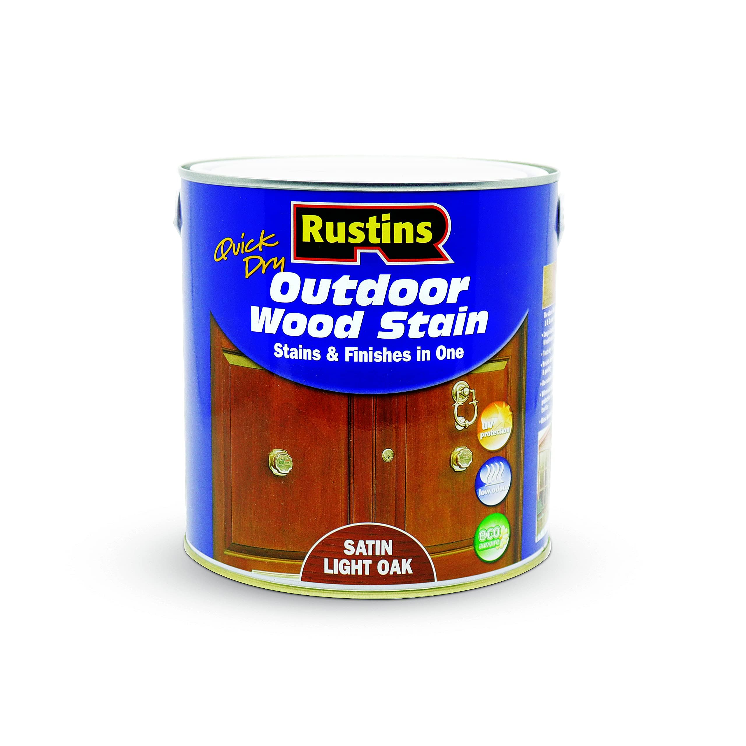Rustins Quick Dry Outdoor Wood Satin Satin Light Oak 2.5ltrl- Durable and Weather-Resistant Finish, Fast Drying, Vibrant Color for Decks, Fences, & Furniture, Available in Many Wood Shades