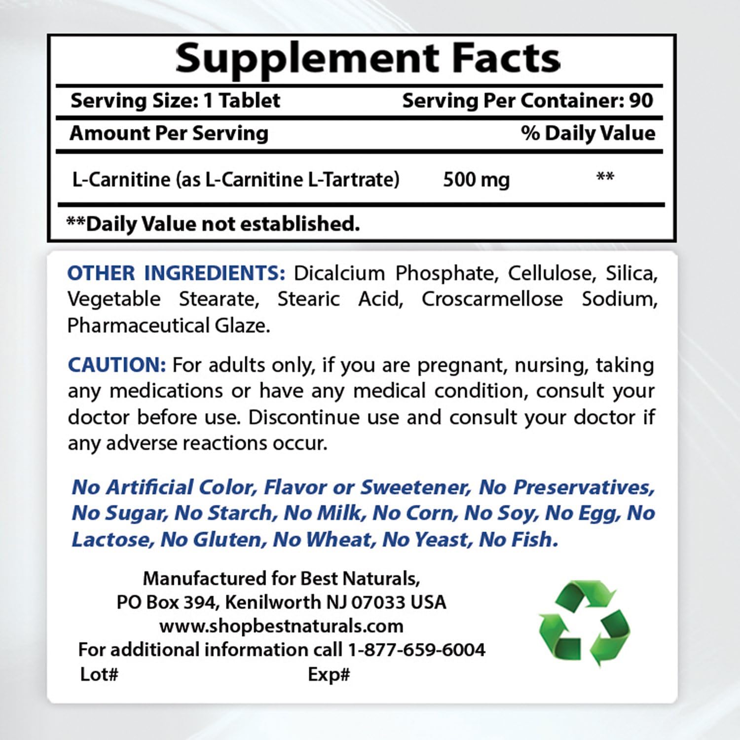 Best Naturals L-Carnitine Tartrate 500 mg 90 Tablets, White, 90 count (Pack of 1) - Image 3