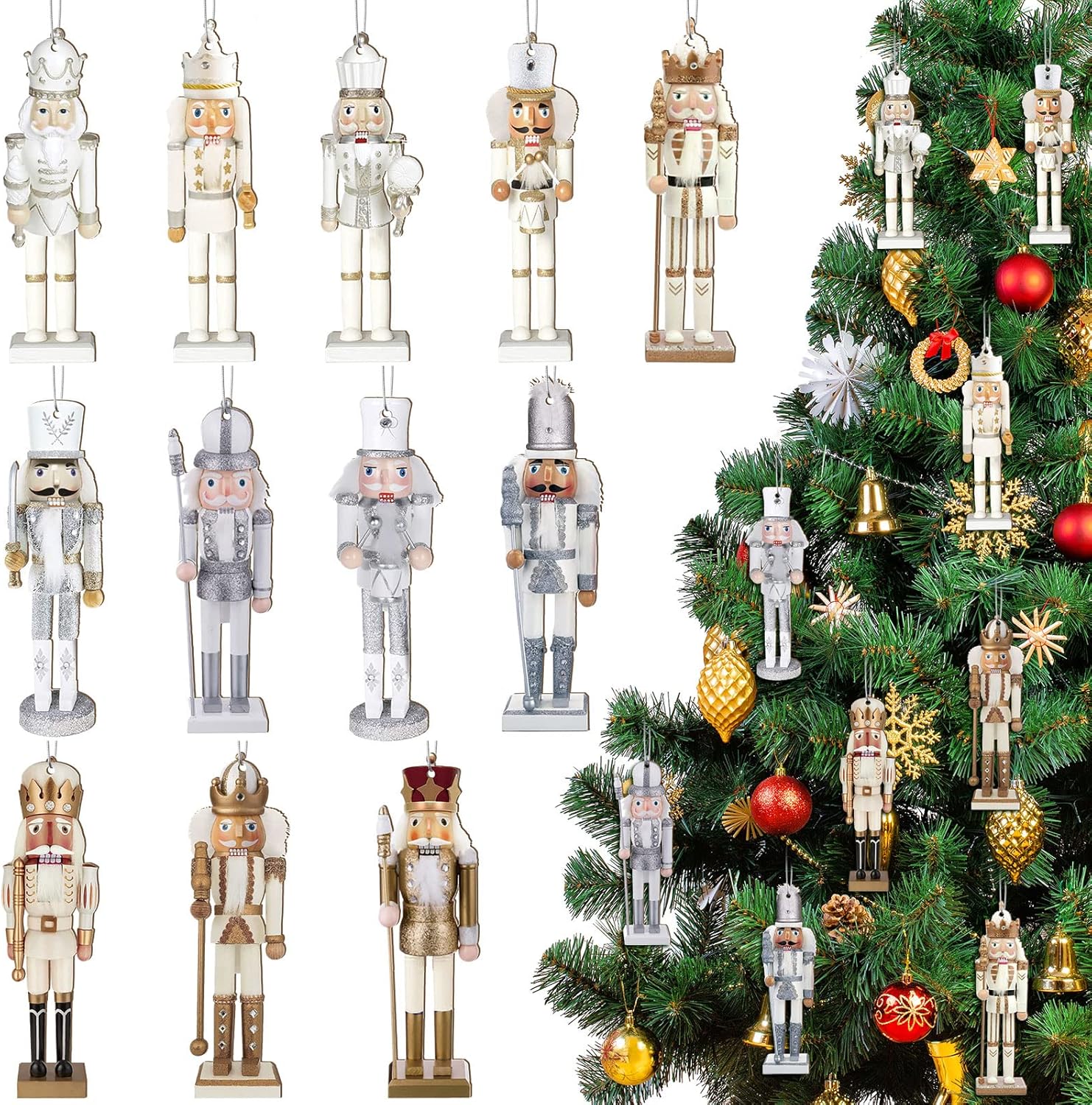 Nutcrackers - 48 Pcs Christmas Nutcracker Ornaments Christmas King and Soldier Ornaments Gold and Silver Glittered Hanging Christmas Ornaments Mini Wooden for Xmas Tree Ornament Set