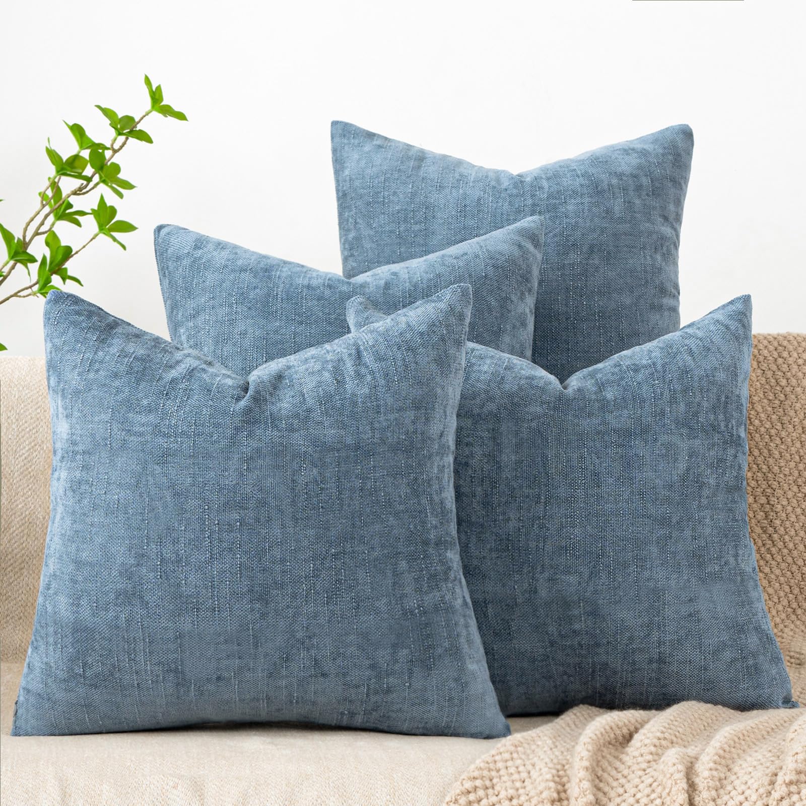 Photo 1 of Cozoomy Set of 4 Soft Textured Decorative Throw Pillow Covers 20x20 Inch Cozy Farmhouse Cushion Cover Square Accent Pillow Cases for Bed Couch Sofa Living Room, Smoke Blue