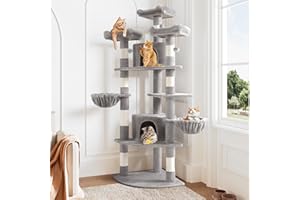 Allewie 73in Fan-Shaped Space-Saving Corner Cat Tower/Multi-Level Tall Cat Tree for Indoor Kitties/Cozy Baskets/Condos/House/Perches/Sisal Scratching Posts/Pet Activity Center/Grey