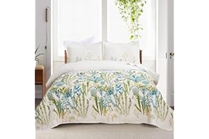 Ycosy Flower Bedspread Set King Size Bedding Set Reversible Floral Coverlets Set Country Quilt Lightweight Ridge Green Leaves Bed Decor for All Season -1 Quilt +2 Pillow Shams