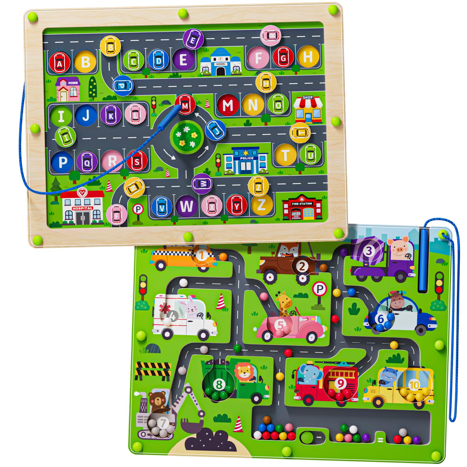 Photo 1 of 2 in 1 Magnetic Color and Number Maze Double-Sided ABC Alphabet Puzzles Board Magnet Dinosaur Counting Maze Preschool Learning Montessori Education 3 4 5 Years Toys (Car, One Size)