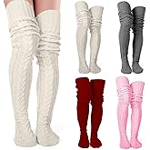 Toulite 4 Pairs Women's Thigh High Socks Cable Knitted Over the Knee Socks Long Leg Warm Winter Boot Stocking for Women