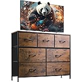 WLIVE 7 Drawer Dresser TV Stand, Entertainment Center, Media Console Table with Metal Frame and Wood Top for TV up to 45 inch, Chest of Drawers for Bedroom, Living Room, Rustic Brown Wood Grain Print