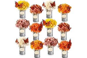 Mimorou 6 Set Fall Thanksgiving Table Centerpiece with Vintage Metal Vases Faux Fall Table Artificial Floral Centerpiece with 3D Butterfly for Autumn Harvest Farmhouse Home Decor (Retro Colors)