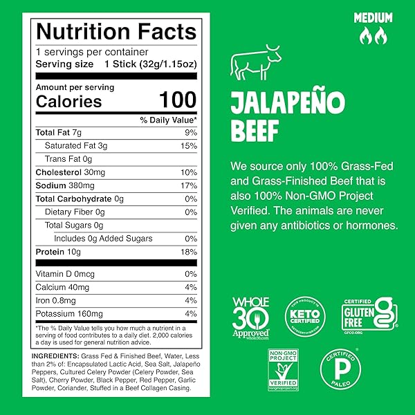 CHOMPS GRASS-FED AND FINISHED JALAPEÑO BEEF JERKY SNACK STICKS 10-PACK – KETO, PALEO, WHOLE30, 10G LEAN MEAT PROTEIN, GLUTEN-FREE, ZERO SUGAR FOOD, NON-GMO
