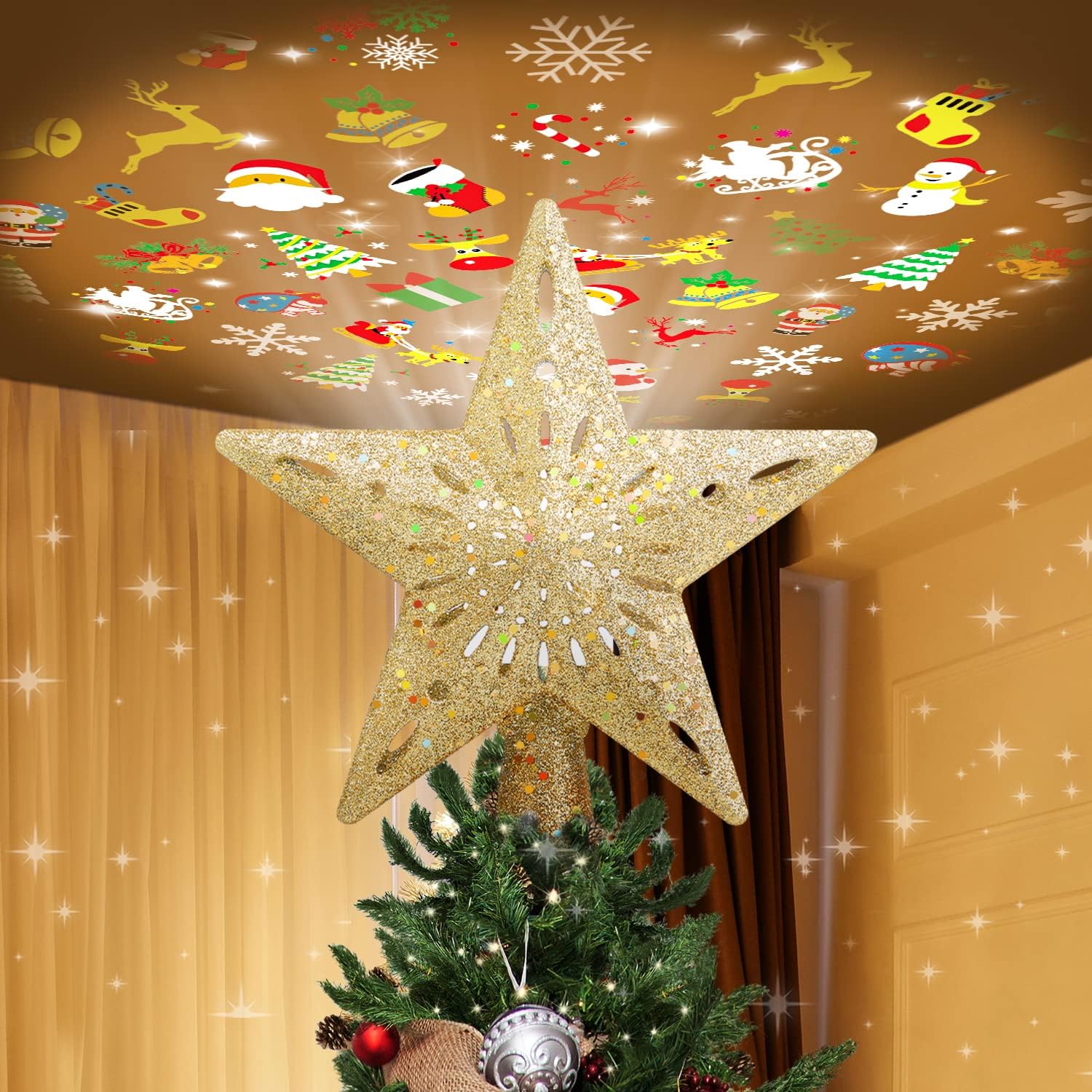Tree Toppers - Christmas Tree Star Topper Lighted with 6 Projection Slides, Star Christmas Tree Topper LED Rotating 3D Lighted Gold Christmas Tree Topper Glitter Tree Topper Projector for Christmas Tree (Gold)