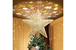 PliMook Christmas Tree Topper Lighted with 6 Patterns Projector, Christmas Tree Star Topper Built-in 3D Glitter LED Rotating Lights, Gold Tree Topper Christmas Decoration for Xmas Party Holiday