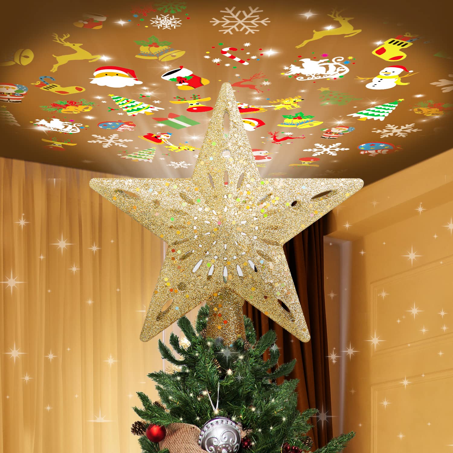 Photo 1 of PliMook Christmas Tree Topper Lighted with 6 Patterns Projector, Christmas Tree Star Topper Built-in 3D Glitter LED Rotating Lights, Gold Tree Topper Christmas Decoration for Xmas Party Holiday