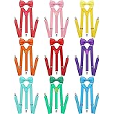 Handepo 9 Sets Solid Color Men's Suspender Bow Tie Set Elastic Bow Tie Adjustable Bow Tie and Suspender Sets(Fresh Colors)