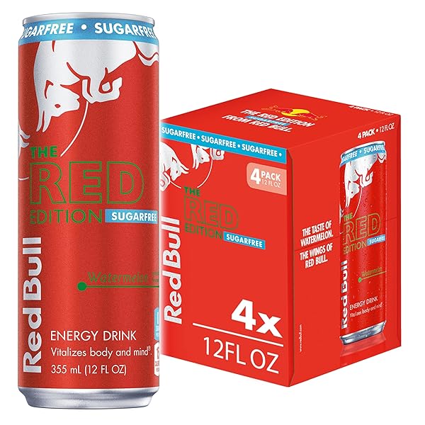 RED BULL RED EDITION SUGAR FREE ENERGY DRINK, WATERMELON, WITH 114MG CAFFEINE PLUS TAURINE & B VITAMINS, 12 FL OZ, PACK OF 4 CANS