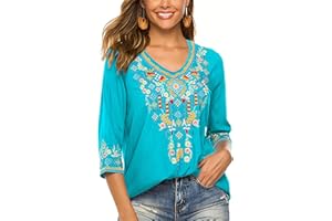 Raxmolo Mexican Tops for Women Embroidered Shirts Hippie Clothes Tunic Fiesta Plus Size Boho Peasant Blouses