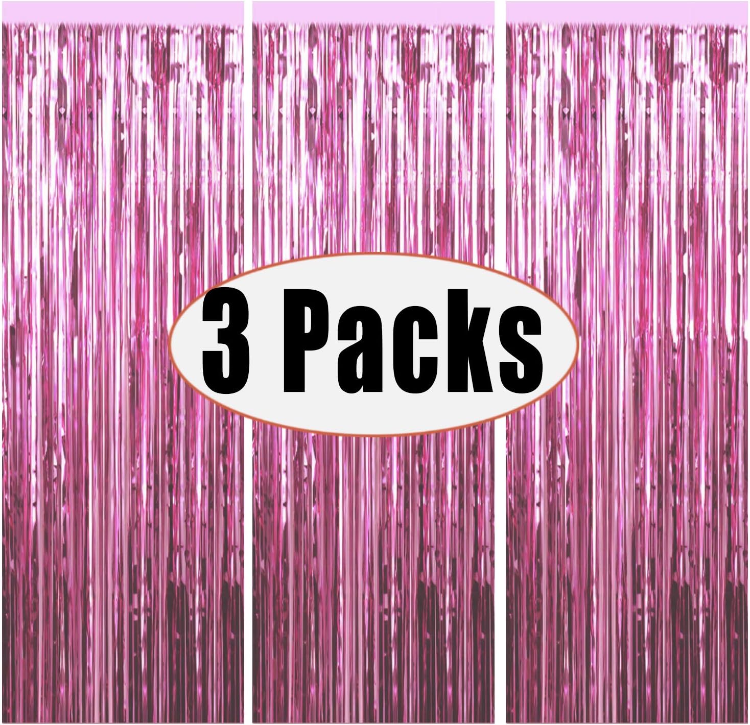 3 Packs 3.2ft x 6.6ft Light Pink Metallic Tinsel Foil Fringe Curtains Photo Booth Props for Birthday Wedding Engagement Bridal Shower Baby Shower Bachelorette Holiday Celebration Party Decorations