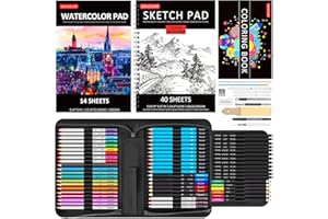 Art Supplies, Soucolor 76 Pack Drawing Set Sketching Kit, Christmas Gifts Box for Adult Kids Teen Girls: 3-Color SketchBook, Watercolor Pad, Coloring Book, Charcoal Colored Watercolor Metallic Pencils