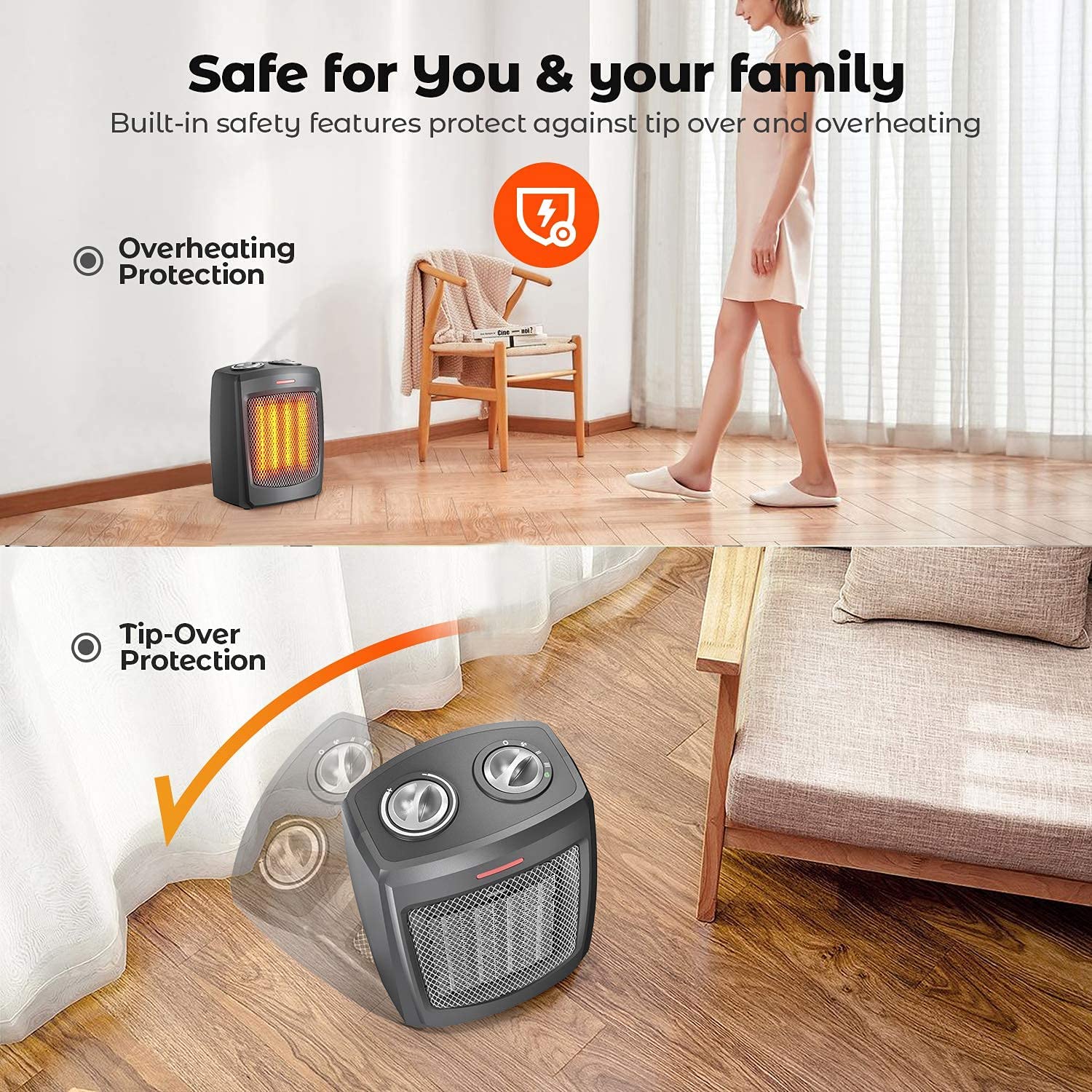 andily Space Heater Electric Heater for Home and Office Ceramic Small Heater with Thermostat, 750W/1500W (Grey)