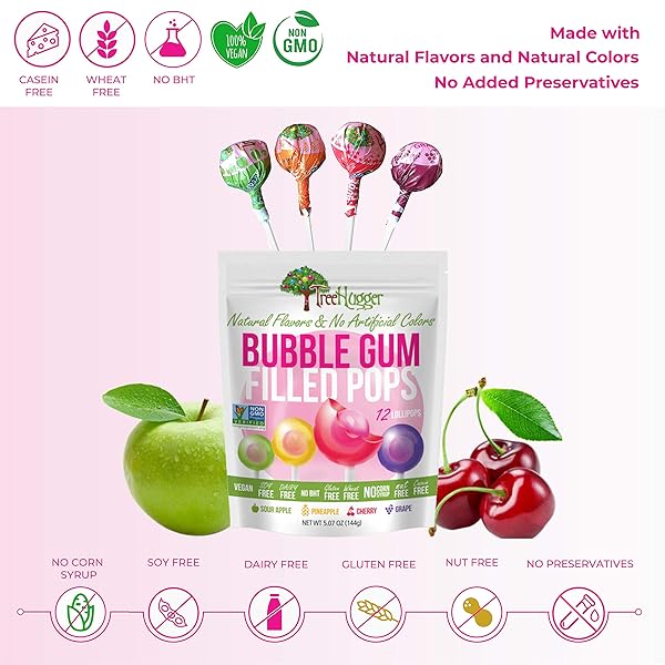 TREE HUGGER BUBBLE GUM FILLED POPS IN STAND UP RESEALABLE BAGS, 6 BAGS (12 POPS PER BAG).