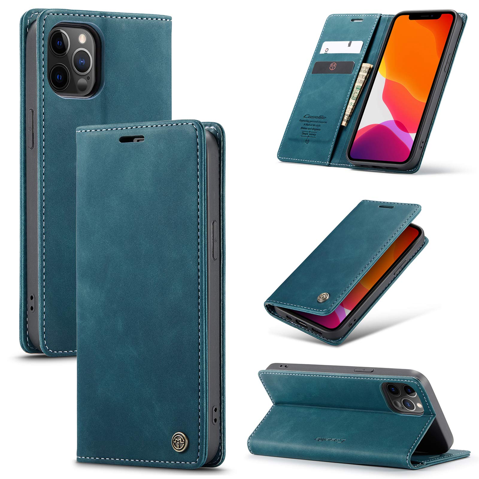 UFinetech Case for iPhone 12 Pro, Shockproof Anti-scratch Cover with iPhone 12 Pro (6.1”), Leather TPU Slim Soft Flip Folio Magnetic Closure Kickstand Card Holder Wallet 2-in-1 Camera Protector, Blue