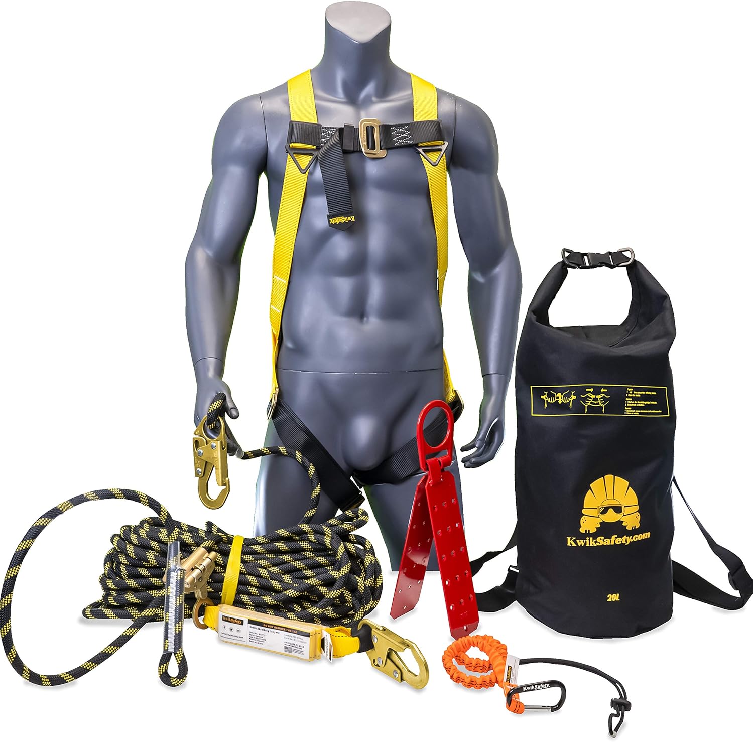 KwikSafety (Charlotte, NC) TSUNAMI KIT | 100 ft. Vertical Lifeline Rope, 1-D Ring Safety Harness, Roof Anchor, Waterproof 20L Dry Bag, Tool Lanyard ANSI OSHA Fall Arrest Restraint Protection Equipment - - 