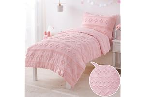 VIVILINEN Pink Toddler Bedding Set for Girls 4-Piece Boho Tufted Toddler Comforter Set Jacquard Tufts Bed-in-a-Bag Crib Toddler Bed Sheet Set for Kids with Comforter, Flat Sheet, Fitted Sheet, Pillowcase
