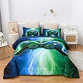 Meeting Story Gamer Gaming Bedding Sets Red Blue Lightnings Gamepad Comforter Set for Boys Games Console Action Buttons Novelty Colorful Modern Room Decor Home Quilt Set (Blue-Green, Twin 5Pcs)