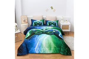 Meeting Story Gamer Gaming Bedding Sets Red Blue Lightnings Gamepad Comforter Set for Boys Games Console Action Buttons Novelty Colorful Modern Room Decor Home Quilt Set (Blue-Green, Twin 5Pcs)