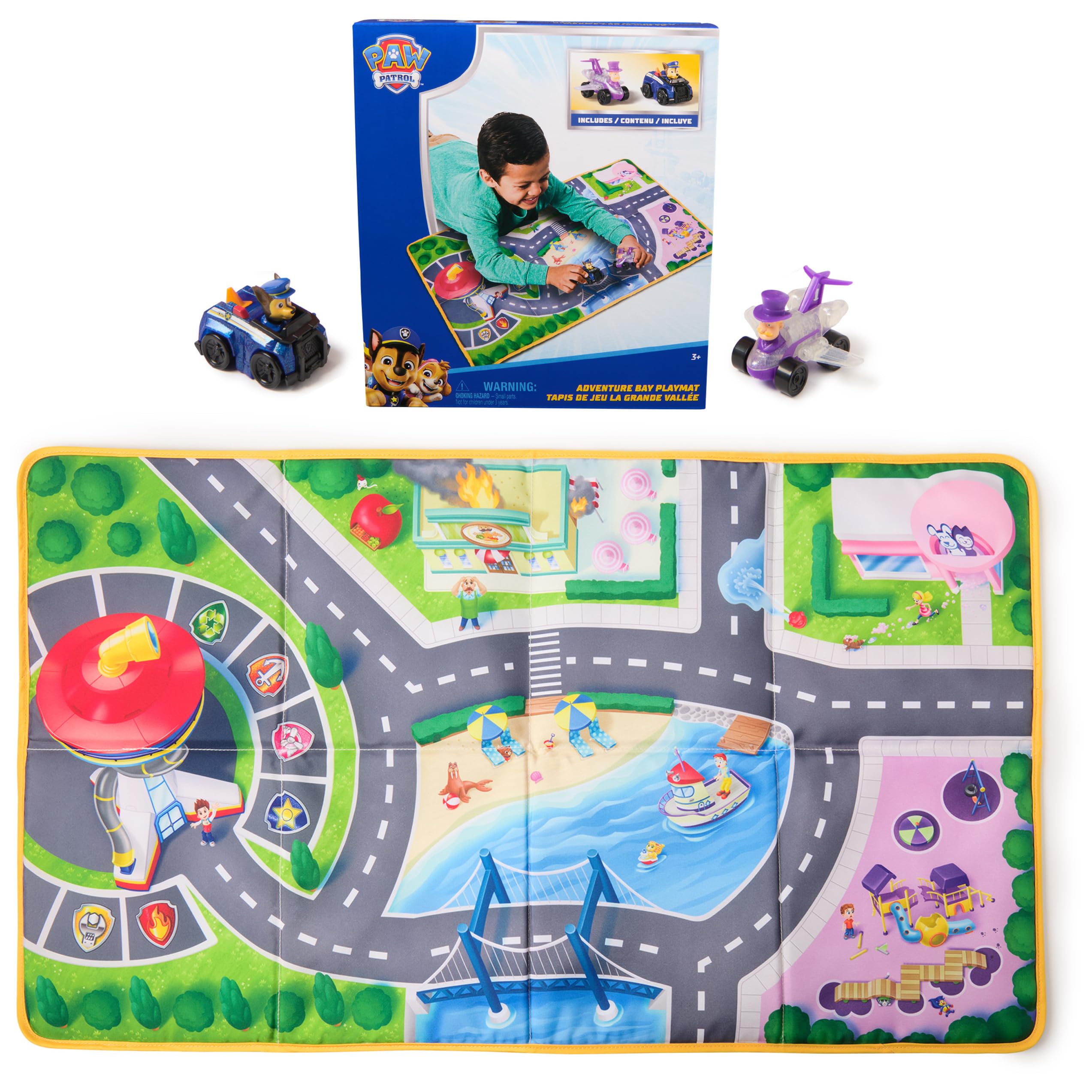 PAW Patrol Pup Squad Adventure Bay Playmat, 33-Inch Foldable Mat with Exclusive Chase and Humdinger Vehicles, Kids Toys for Boys & Girls Ages 3 and Up