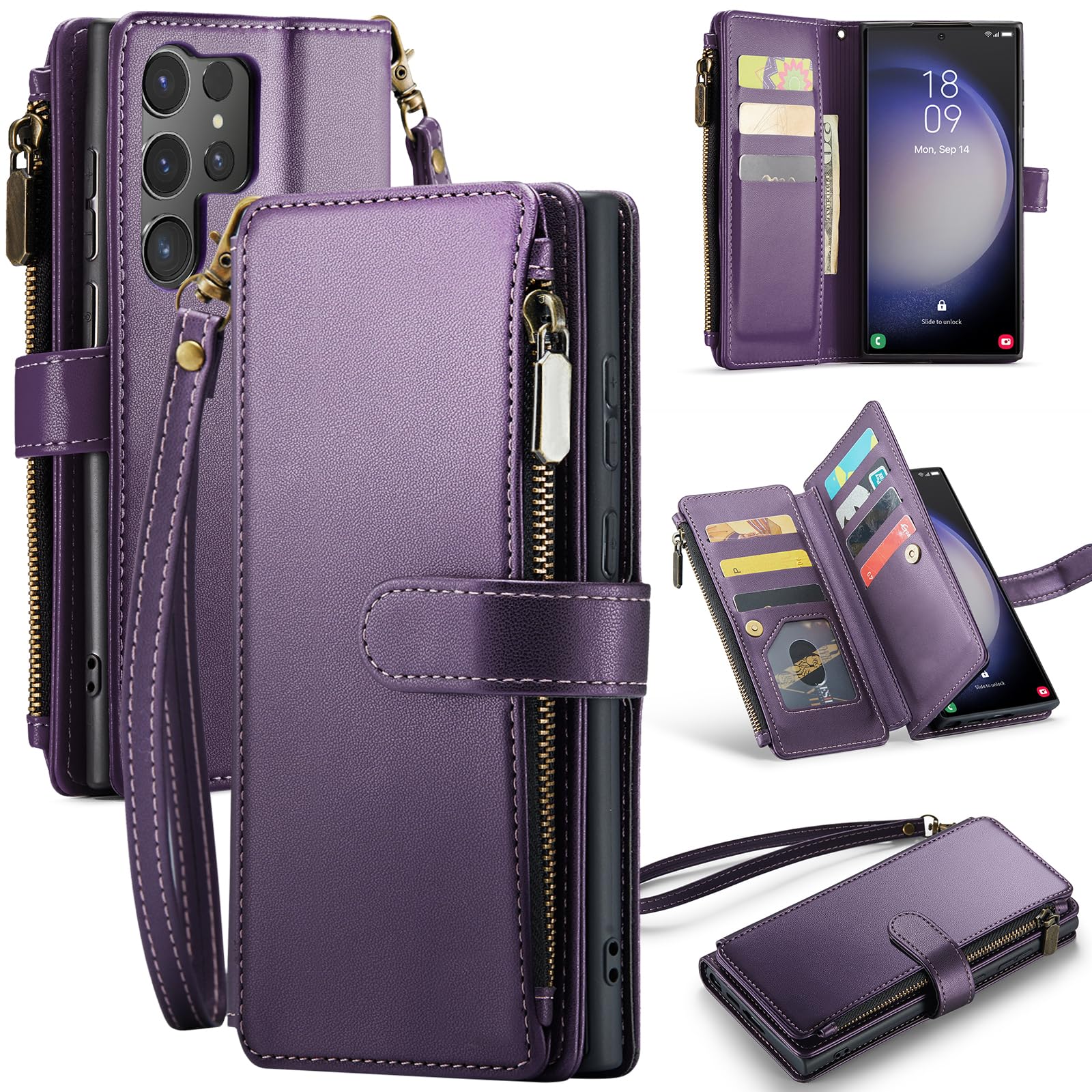 Deekeewe for Samsung Galaxy S23 Ultra 5G Wallet Case with Card Holder,Women Men RFID Blocking PU Leather Flip Cover Zipper Wrist Strap Kickstand Phone Case for Galaxy S 23 Ultra,Purple