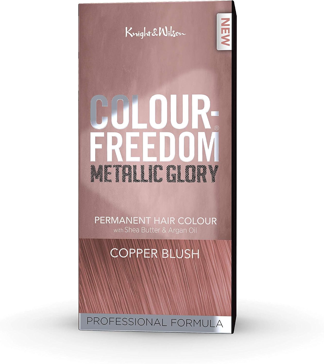 Colour Freedom Metallic Permanent Copper Blush Conditioning Hair Dye. Infused with Shea Butter and Argan Oil for Ultra Glossy Conditioned Hair. 100% grey coverage. By Knight & Wilson