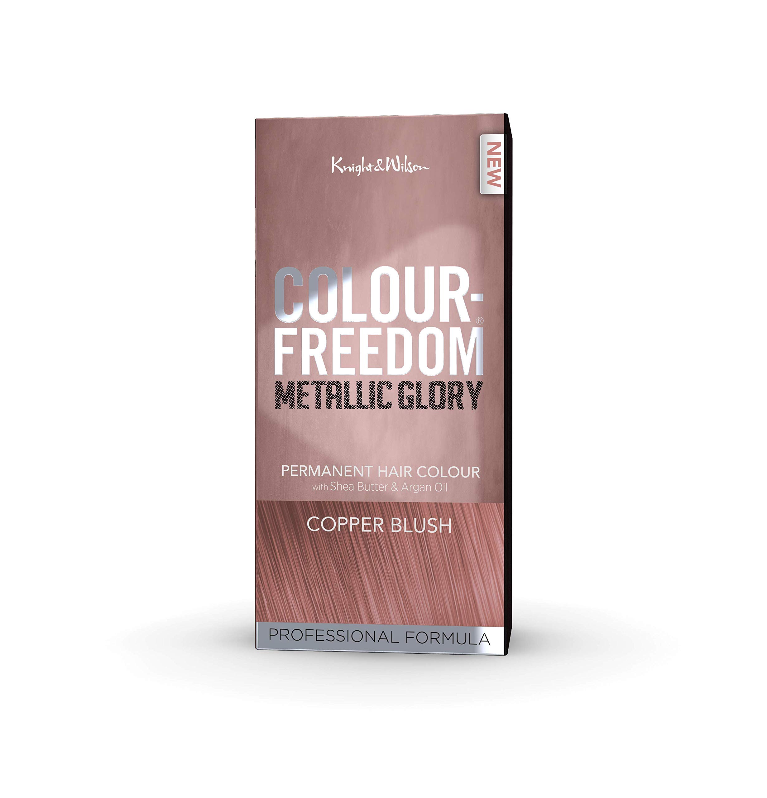 Colour Freedom Metallic Permanent Copper Blush Conditioning Hair Dye. Infused with Shea Butter and Argan Oil for Ultra Glossy Conditioned Hair. 100% grey coverage. By Knight & Wilson.