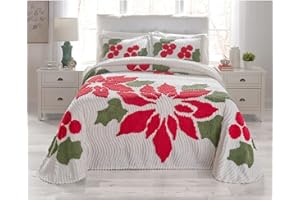 BrylaneHome Bedding Oversized Cotton Bloom Chenille Bedspread Floral Bedding Colorful Flowers - King, Poinsettia