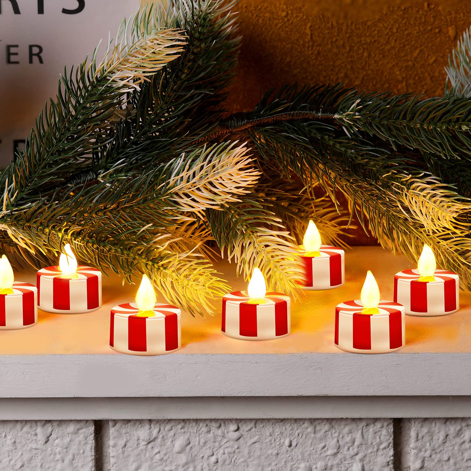 Photo 1 of 24 Pcs Christmas Candy Cane Tea Lights LED Flameless Candles Striped Battery Operated Flickering Candles Warm Yellow Light Flameless Tealight for Christmas Party(Red)