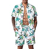 LecGee Mens Coconut Tree Hawaiian Sets Casual Short Sleeve Button Down Shirts Shorts 2 Piece Outfits Summer Tracksuit