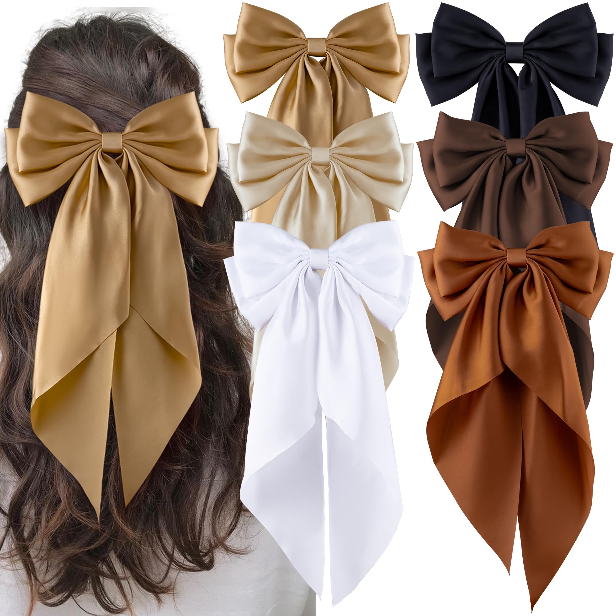 Photo 1 of hisial 6Pcs Large Bows Hair Clips for Women Girls Long Tail Hair Ribbon Silky Satin Barrettes Coquette Bows Accessories (Black/khaki/Brown/White)