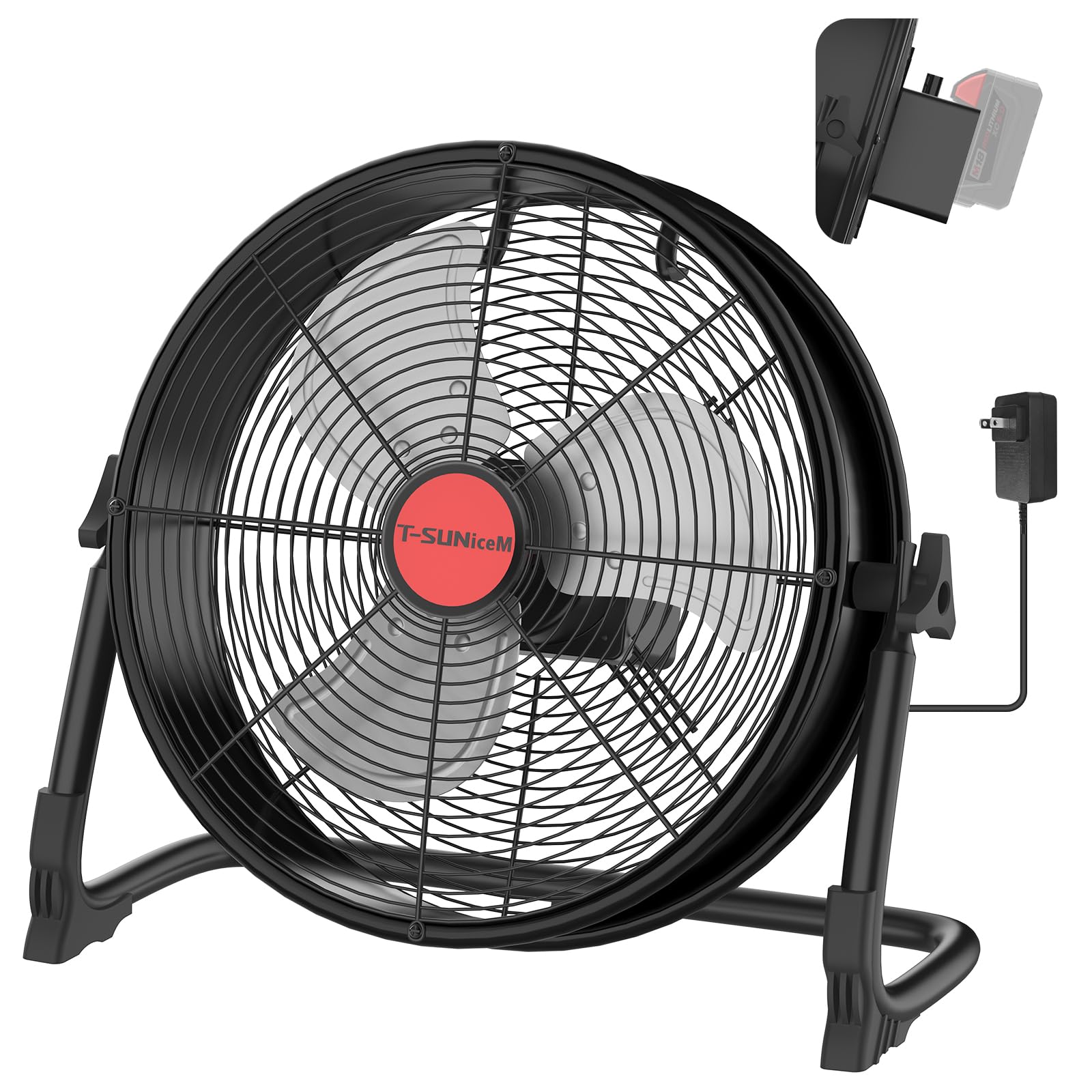 Photo 1 of 16" Battery Operated Floor Fan for Milwaukee M18 18V Battery, Portable Fan with AC Adapter and USB Output, Metal Industrial High Velocity, Stepless Speed Cordless Fan for Jobsite Garage Camping Shop