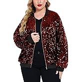 IN'VOLAND Womens Sequin Jacket Plus Size Sparkle Long Sleeve Jackets Front Zip Loose Casual Blazer Bomber Jacket with Pockets