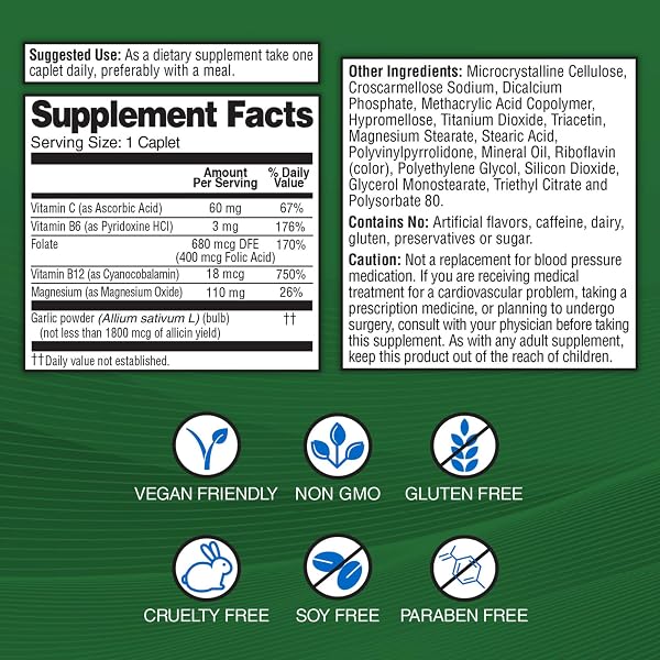 GARLIQUE GARLIC EXTRACT SUPPLEMENT, HEALTHY BLOOD PRESSURE FORMULA, ODORLESS & VEGAN, 60 CAPLETS