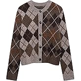 GORGLITTER Women's Argyle Cardigan Sweaters Plaid Long Sleeve Button Down Preppy Knitted Outerwear