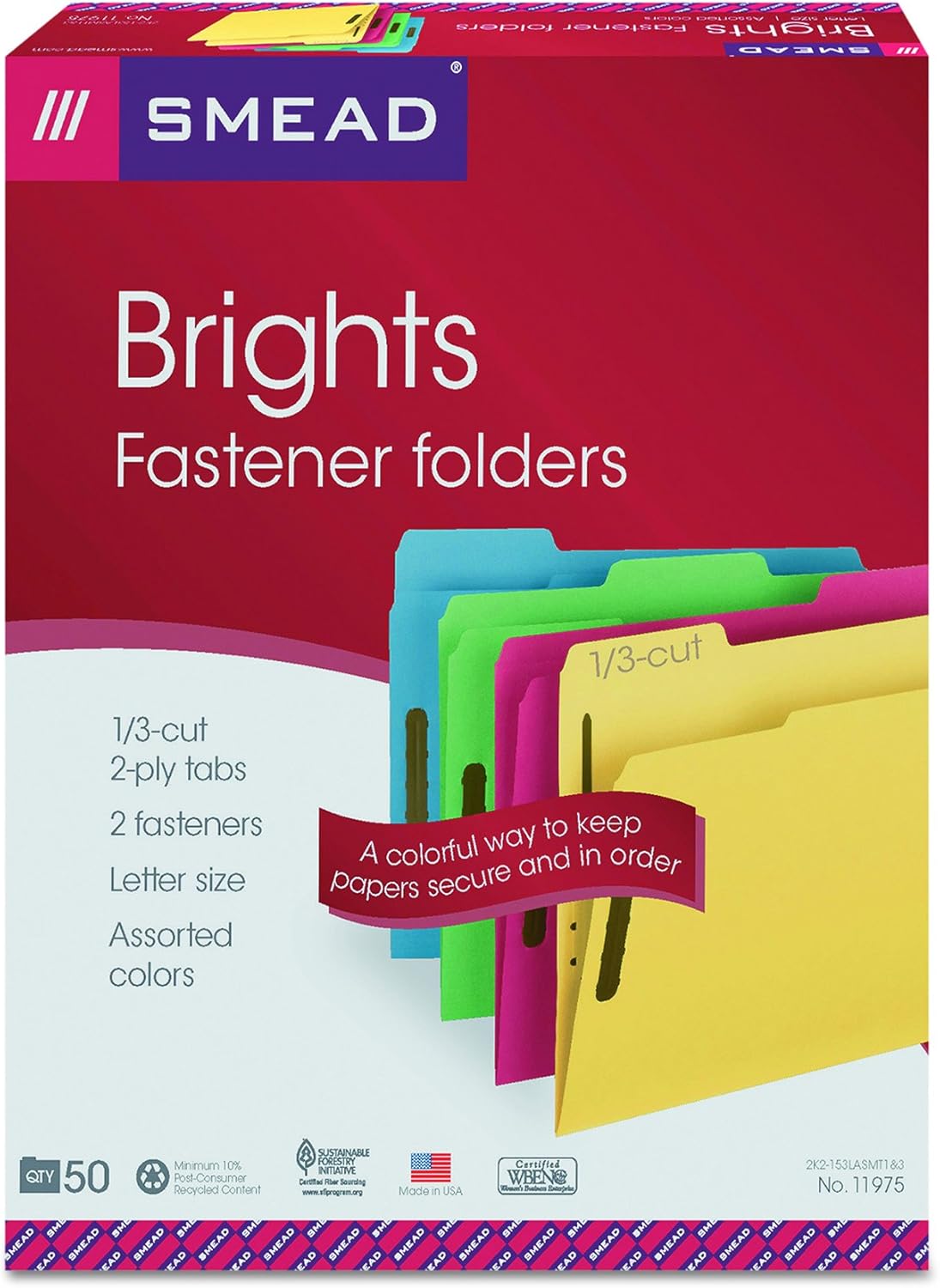 Smead Fastener File Folder, 2 Fasteners, Reinforced 1/3-cut Tab, Letter Size, Assorted Colors, 50 Per Box (11975) : Colored File Folders : Office Products