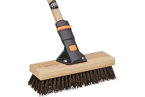 SWOPT 10” Premium Rough Surface Scrub Brush + 60" EVA Foam Comfort Grip Wooden Handle, Combo — Stiff Bristle Cleaning Brush with Interchangeable Long Handle — Clean Outdoor Surfaces Comfortably