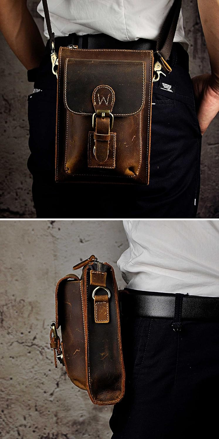 Le'aokuu Mens Genuine Leather Small Messenger Shoulder Satchel Phone Pouch Belt Waist Bag Pack 6402 (6402 Darkbrown) - Image 3