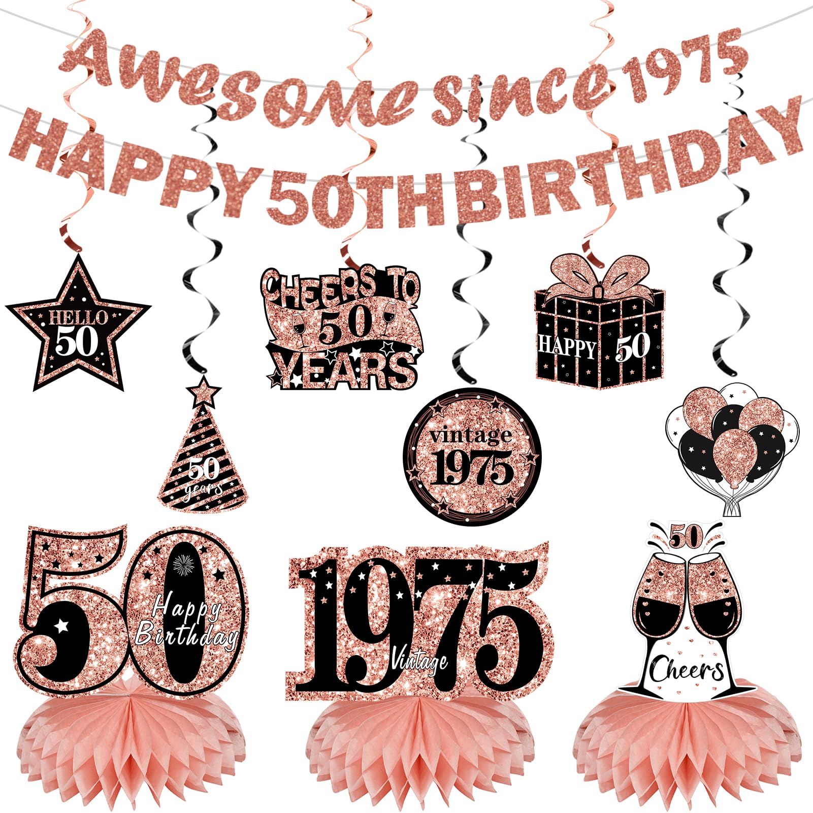 Photo 1 of Kuxriox 11Pcs 50th Birthday Decorations Kit for Women, Rose Gold Happy 50th Birthday Banner, Awesome Since 1975 Centerpieces Swirls Party Supplies, Fifty Bday Banner Ceiling Table Topper Sign