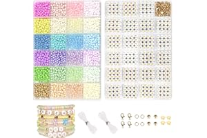 PIZOORO 4mm Glass Seed Beads for Bracelets Making, Friendship Bracelet Kit A-Z Letter Beads, Jewelry Making with Gold Findings, Number Beads and Elastic Bracelet Strings, Crafts Bead Kit Gifts for Women