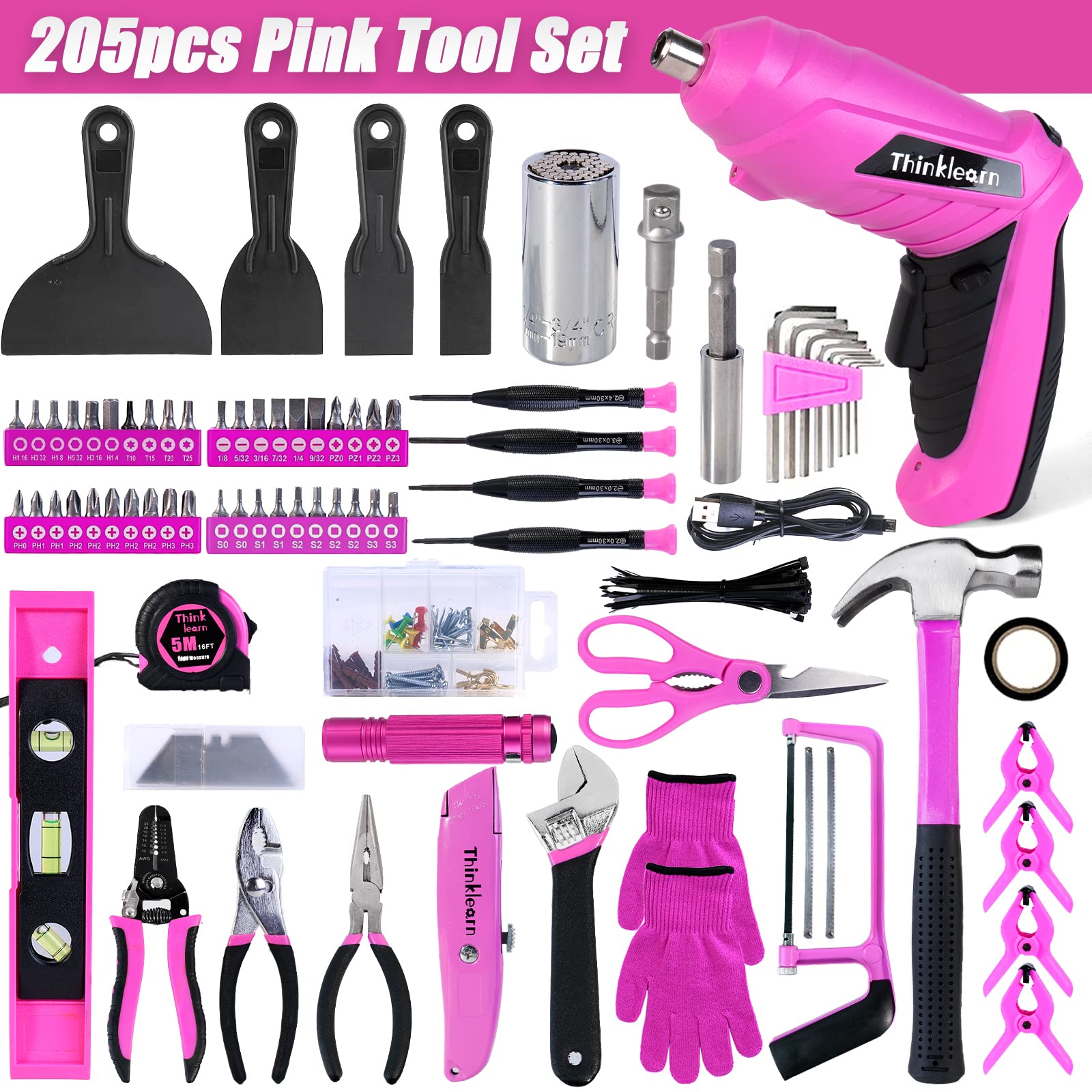 Pink 205-Piece Home Tool Set With 3.6V Electric Screwdriver, Universal Sockets, Storage Bag - Kit for Women, Gift, Home Repair, Dorm